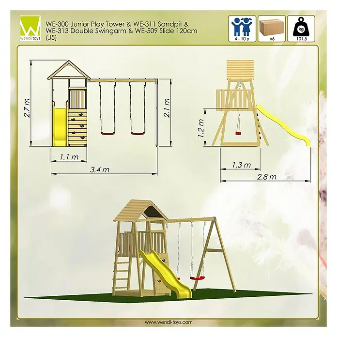 Wendi Toys Kinderspielturm Pinguin - Natur/Gelb - Abbildung des Spielturms WE-300 Junior mit Sandkasten WE-311, Doppelschaukel WE-313 & Rutsche WE-509 120cm (J5) von Wendi Toys.