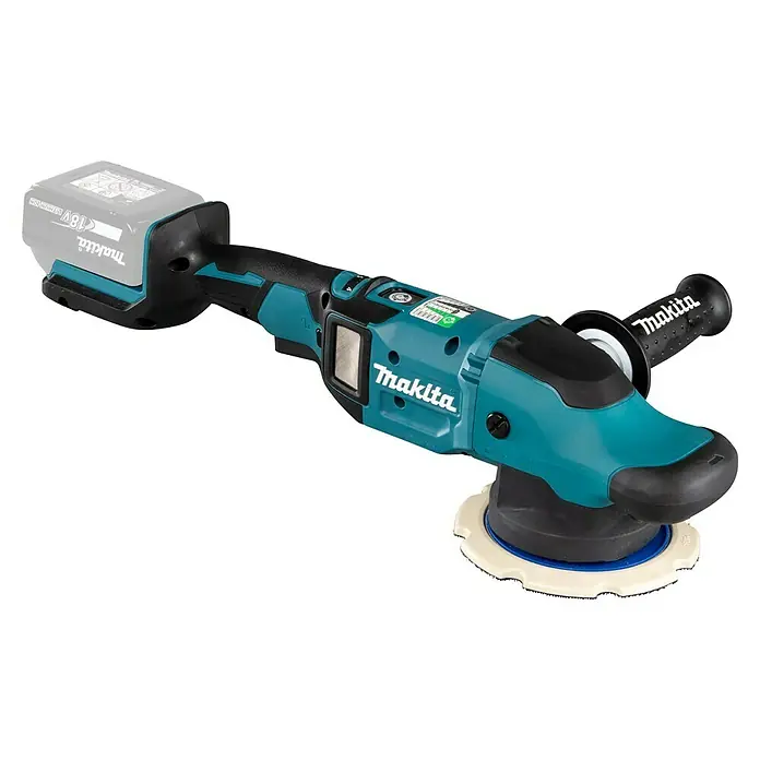 Makita LXT 18V Pulidora excéntrica de batería DPO600 - 18 V, Sin batería, Diámetro plato de pulir: 150 mm - Aquí hay un primer plano de una pulidora inalámbrica Makita que se muestra sobre un fondo negro.