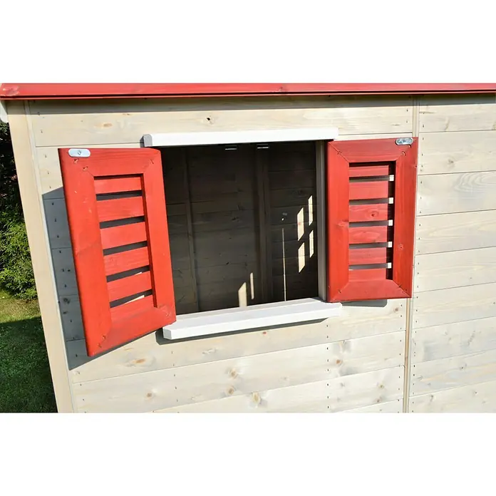Wendi Toys Spielhaus Tiger - Glas, Natur/Rot - Nahaufnahme eines Spielhauses mit offenem, rot gerahmtem Fensterladen, der die Holzstruktur und das helle Interieur des Hauses zeigt.