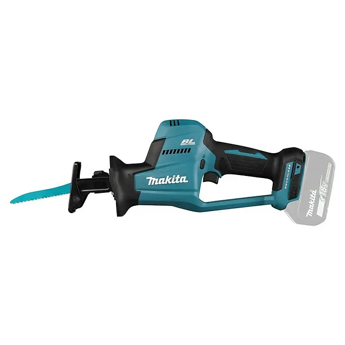 Makita LXT 18V Sierra de sable de batería DJR189 - 18 V, Sin batería - Imagen de una sierra recíproca inalámbrica Makita, conocida por su rendimiento. Cuenta con un motor sin escobillas y un sistema de batería de iones de litio de 18V.