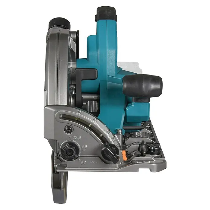 Makita XGT 40V max. Akku-Handkreissäge HS011GZ - 40 V, Ohne Akku, Durchmesser Sägeblatt: 260 mm - 270 mm, 3.500 U/min - Nahaufnahme einer Kreissäge mit Details zur Winkeleinstellung und Bedienelementen für präzise Schnitte.