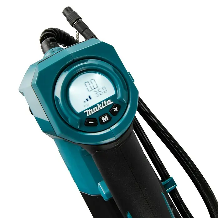 Makita XGT 40V max. Akku-Kompressor MP001GZ - 40 V, Ohne Akku, 11,1 bar - Abbildung einer Makita DMP180Z Akku-Luftpumpe mit digitalem Display und Bedienelementen für präzises Aufpumpen.