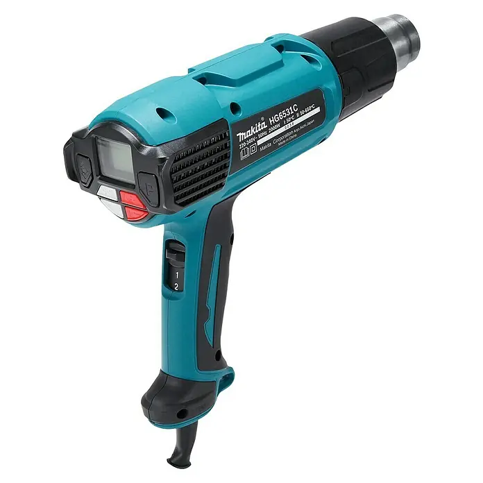 Makita Pistola de aire caliente HG6531C - 2.000 W, Rango de temperaturas: 50 °C - 650 °C - La imagen muestra una pistola de calor azul Makita HG6531C con pantalla digital y dos ajustes de temperatura.