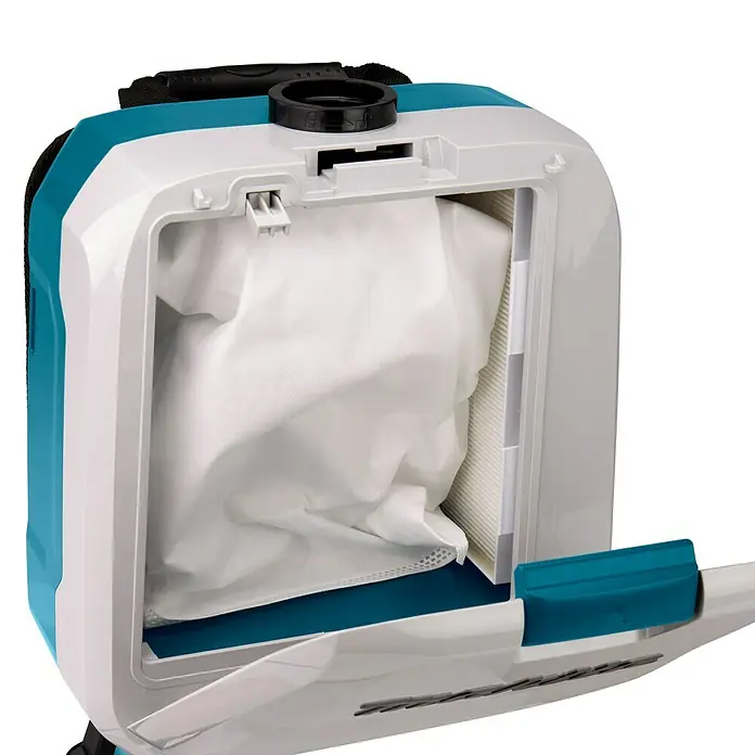 Makita LXT 18V Akku-Rucksackstaubsauger DVC660Z - 36 V, Ohne Akku, Behältervolumen: 6 l - Nahaufnahme eines Makita-Rucksackstaubsaugers mit offenem Fach für Staubbeutel und Filter.