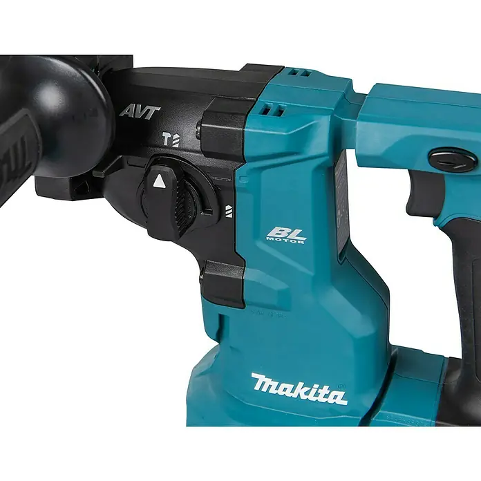 Makita LXT 18V Akku-Bohrhammer DHR183Z - 18 V, Ohne Akku, 1,7 J - Nahaufnahme eines Makita Akku-Bohrhammers, der Details wie AVT, BL Motor und den markentypischen Türkiston zeigt.