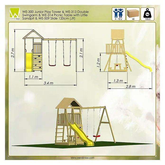 Wendi Toys Kinderspielturm Giraffe - Natur/Gelb - Abbildung des WE-300 Junior Spielturms mit Doppelschaukel, Picknicktisch & Rutsche. Inklusive Abmessungen für Montage und Aufbau.