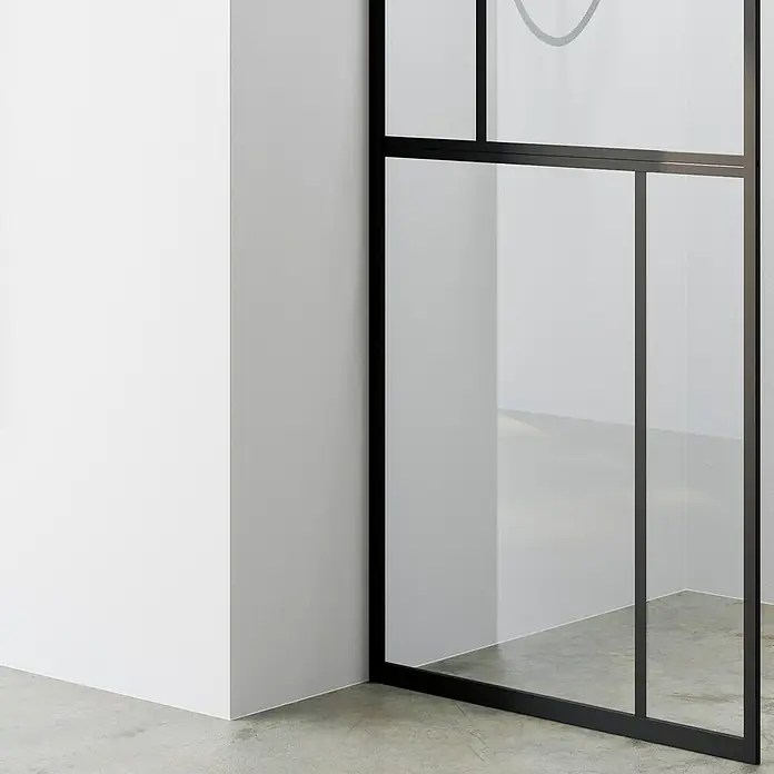 Camargue Duschwand Walk-In - B x H: 89,5 x 200 cm, Schwarz, 3-Teilig - Nahaufnahme einer modernen Duschkabine mit schwarzem Rahmen und klaren Glaspaneelen, die ein minimalistisches Design und eine elegante Ästhetik zeigt.
