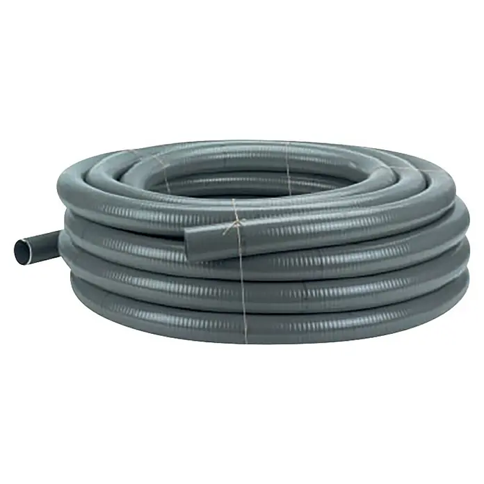 myPool PVC-Schlauch - Ø x L: 50 mm x 25 m - Eine Rolle grauer, flexibler Kunststoffschlauch, der mit Draht zusammengehalten wird. Ideal für diverse Anwendungen im Bau- und Sanitärbereich.