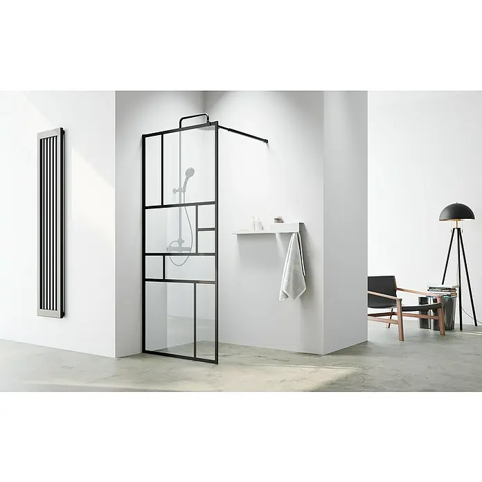 Camargue Duschwand Walk-In - B x H: 89,5 x 200 cm, Schwarz, 3-Teilig - Moderne Dusche mit schwarzem Rahmen, Ablage und Heizkörper. Elegantes Design für ein stilvolles Badezimmer.