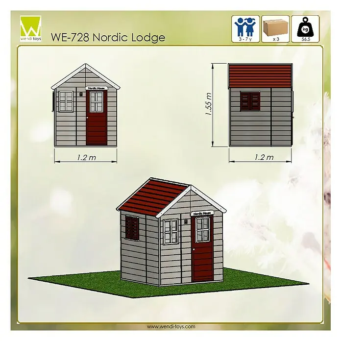 Wendi Toys Spielhaus Gecko - Glas, Natur/Rot - Produktbild: WE-728 Nordic Lodge Spielhaus für Kinder mit Abmessungen und Verpackungsdetails.
