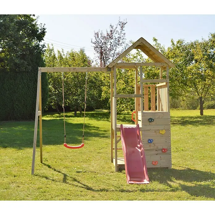 Wendi Toys Kinderspielturm Panda - Natur/Rot - Holzspielplatz mit Schaukel, Rutsche und Kletterwand im Garten für Kinder zum Spielen und Spaß haben.