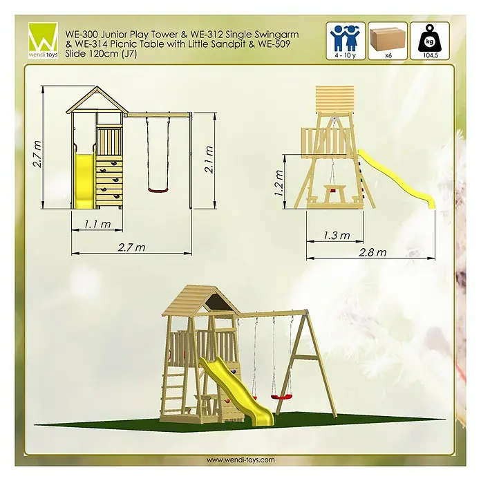 Wendi Toys Kinderspielturm Pelikan - Natur/Gelb - Abmessungen des WE-300 Junior Spielturms mit WE-312 Schaukel, WE-314 Picknicktisch und WE-509 Rutsche (120cm).