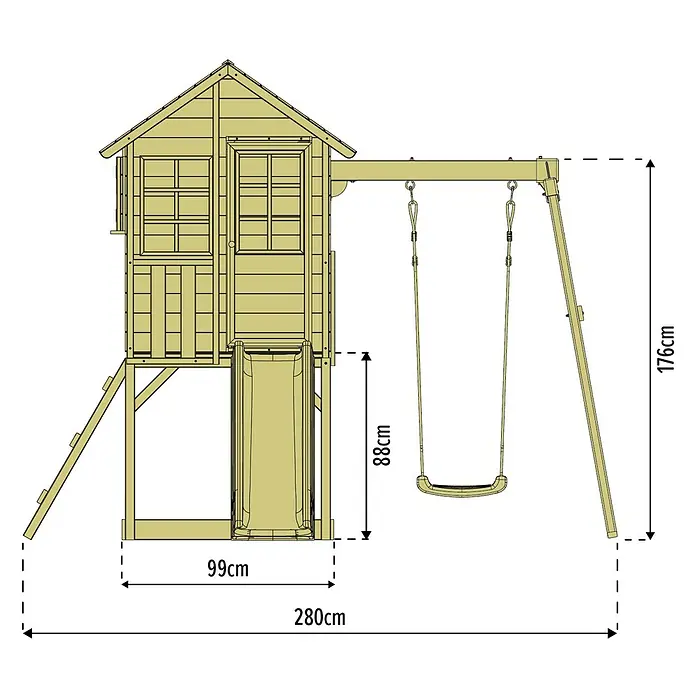 Zwerkules Spielhaus Lolla - L x B x H: 352 x 280 x 224 cm, Holz, Natur/Rot, Mit Stelzen, Rutsche & Schaukel - Abbildung eines Spielhauses mit Schaukel und Rutsche mit Größenangaben.