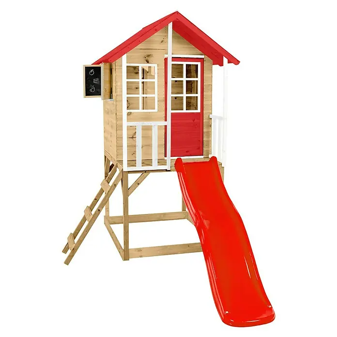 Zwerkules Spielhaus Lolla - L x B x H: 270 x 148 x 224 cm, Holz, Natur/Rot, Mit Stelzen & Rutsche - Bild eines hölzernen Spielhauses mit rotem Dach und Rutsche, ideal für Kinder zum Spielen im Garten.