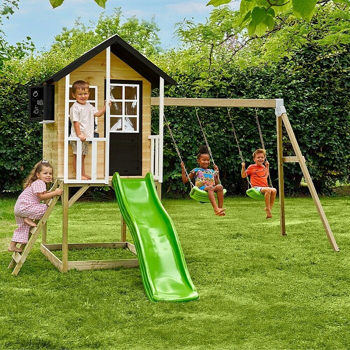 Zwerkules Spielhaus Holli (L x B x H: 370 x 352 x 224 cm, Holz, Natur/Anthrazit, Mit Stelzen, Rutsche & Doppelschaukel) | BAUHAUS