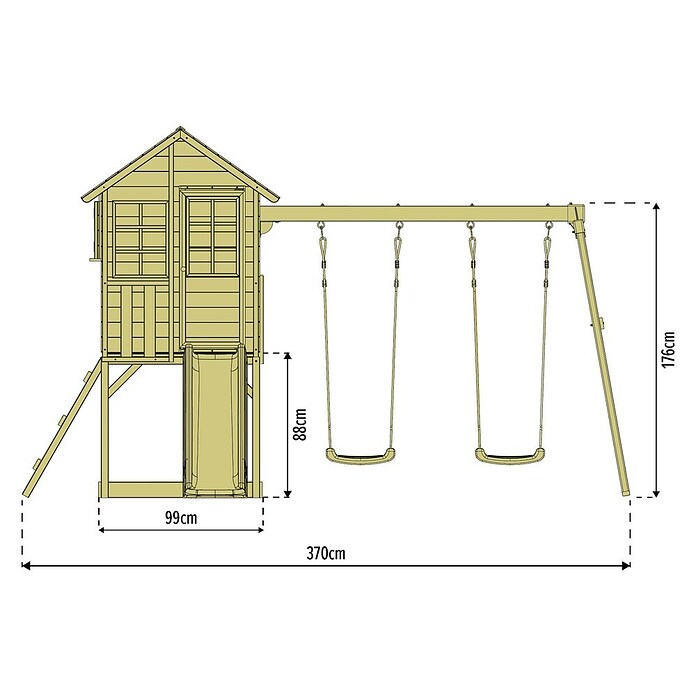 Zwerkules Spielhaus Holli (L x B x H: 370 x 352 x 224 cm, Holz, Natur/Anthrazit, Mit Stelzen, Rutsche & Doppelschaukel) | BAUHAUS