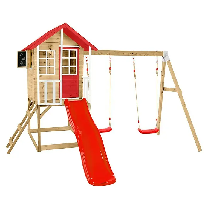 Zwerkules Spielhaus Lolla - L x B x H: 352 x 370 x 224 cm, Holz, Natur/Rot, Mit Stelzen, Rutsche & Doppelschaukel - Ein detailreiches Bild eines Spielhauses mit Rutsche und Schaukel. Ideal für den Garten. Das Holzhaus bietet Kindern Spaß und Aktivität im Freien.