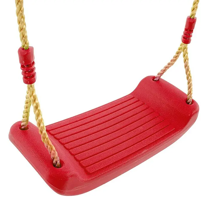 Zwerkules Spielhaus Lolla - L x B x H: 352 x 280 x 224 cm, Holz, Natur/Rot, Mit Stelzen, Rutsche & Schaukel - Rote Schaukelsitz mit gelben Seilen. Eine neue rote Schaukelsitz mit gerippter Oberfläche und dicken, verdrehten Seilen für sicheren Halt.