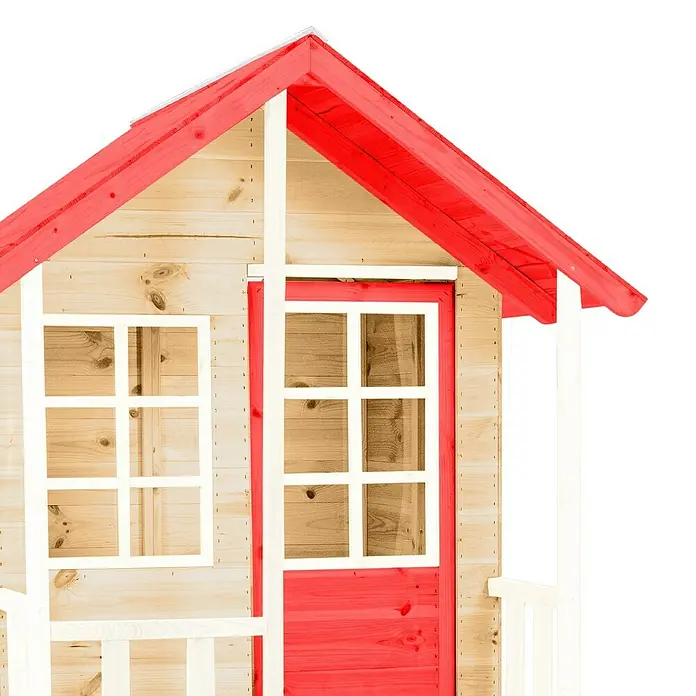 Zwerkules Spielhaus Lolla - L x B x H: 352 x 280 x 224 cm, Holz, Natur/Rot, Mit Stelzen, Rutsche & Schaukel - Detailaufnahme eines Holzspielhauses mit rotem Dach, weißen Fensterrahmen und Türrahmen. Perfekt für fantasievolle Spiele im Garten.