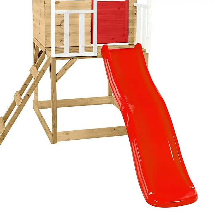 Zwerkules Spielhaus Lolla - L x B x H: 352 x 280 x 224 cm, Holz, Natur/Rot, Mit Stelzen, Rutsche & Schaukel - Spielturm mit roter Rutsche und Leiter. Das Spielhaus aus Holz bietet Kindern viel Spaß im Garten.