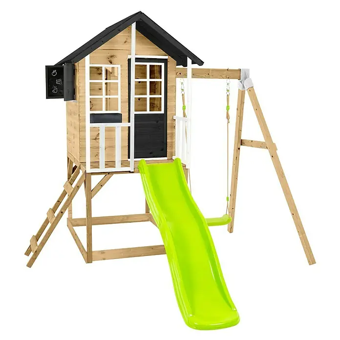 Zwerkules Spielhaus Holli - L x B x H: 352 x 280 x 224 cm, Holz, Natur/Anthrazit, Mit Stelzen, Rutsche & Schaukel - Abenteuerlicher Spielturm aus Holz mit Rutsche. Der Spielturm bietet Kindern eine tolle Möglichkeit, sich im Freien auszutoben.