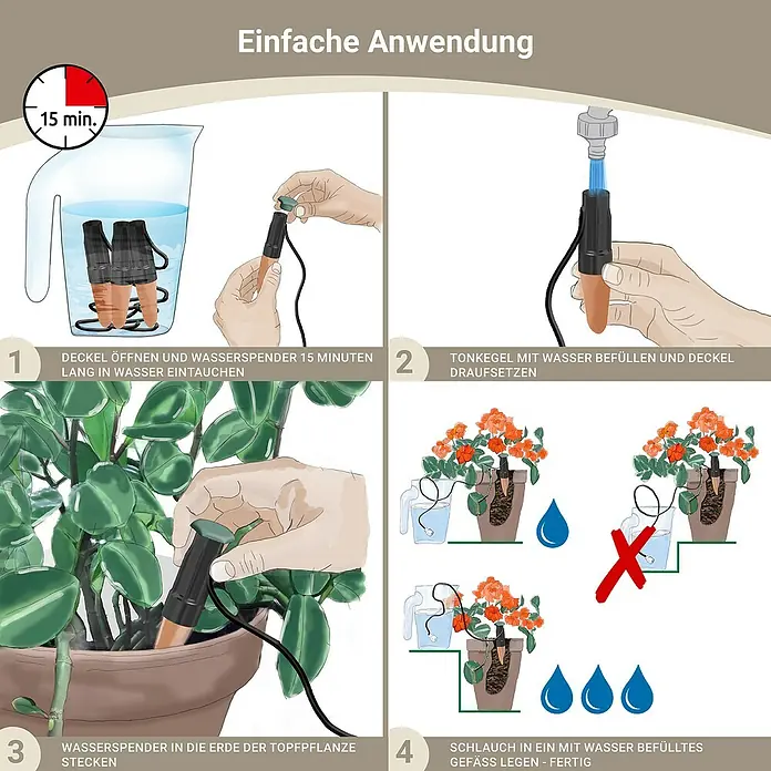 Gardol Wasserspender - 3 Stk. - Anleitung zur Anwendung des automatischen Bewässerungssystems für Topfpflanzen in vier Schritten.
