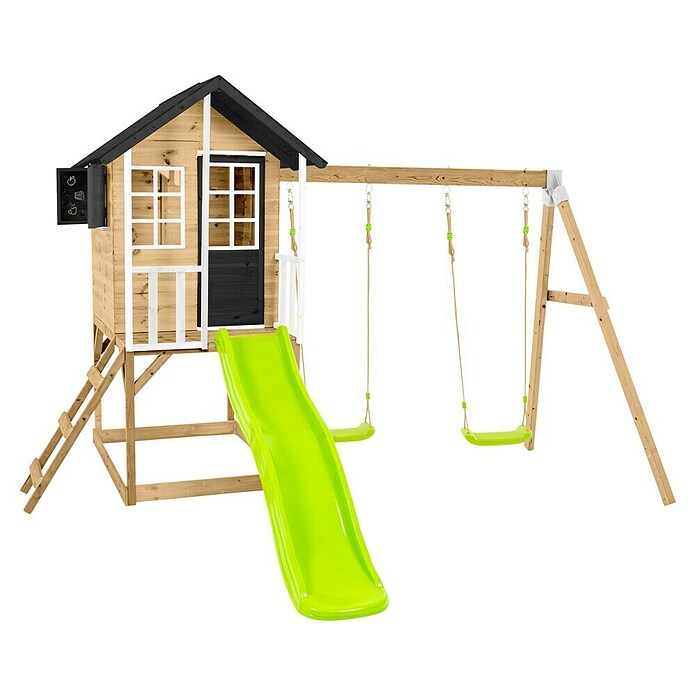Zwerkules Spielhaus Holli (L x B x H: 370 x 352 x 224 cm, Holz, Natur/Anthrazit, Mit Stelzen, Rutsche & Doppelschaukel) | BAUHAUS