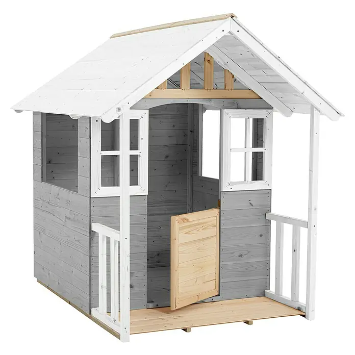 Zwerkules Spielhaus Valli - L x B x H: 137 x 121 x 140 cm, Holz, Natur/Grau, Ohne Stelzen - Ein detailreiches Bild eines grauen Holzspielhauses mit weißem Dach und Tür, das zum Spielen im Freien einlädt.