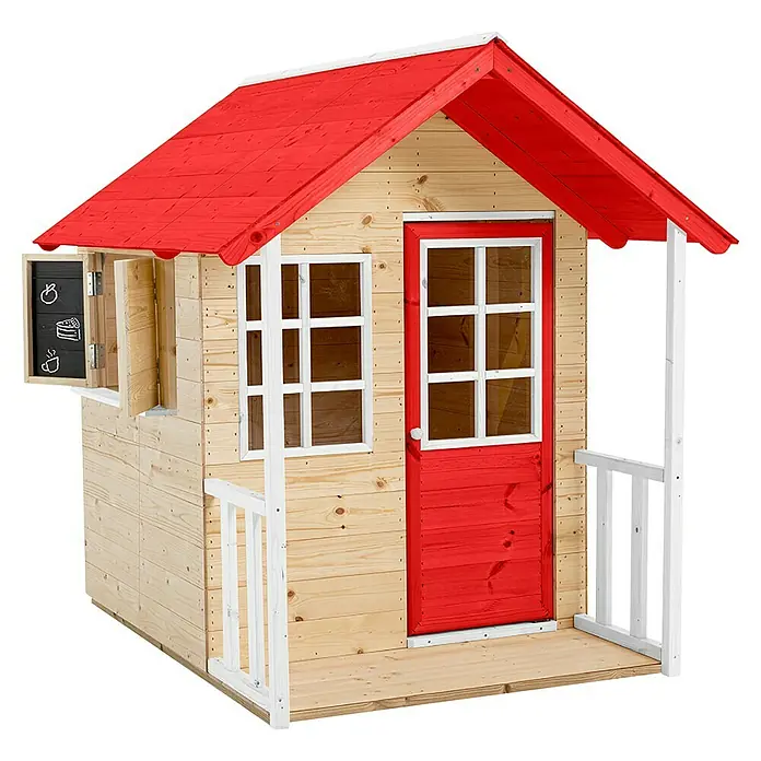 Zwerkules Spielhaus Lolla - L x B x H: 139 x 120 x 139 cm, Holz, Natur/Rot, Ohne Stelzen - Ein rotes und hölzernes Spielhaus mit Fenstern, Tür, kleinem Vordach und einer Tafel, die eine Tasse Kaffee und ein Kuchenstück zeigt.