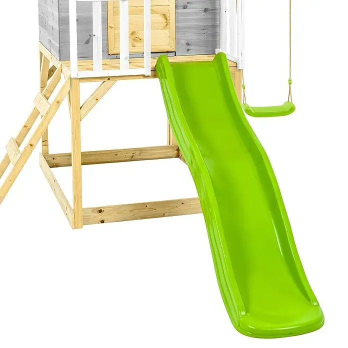 Zwerkules Spielhaus Valli - L x B x H: 352 x 370 x 277 cm, Holz, Natur/Grau, Mit Stelzen, Rutsche & Doppelschaukel - Ein hellgrünes Spielplatzrutsche aus Kunststoff, Teil eines Spielturms mit Leiter und Schaukel. Ideal für Kinder zum Spielen im Freien.