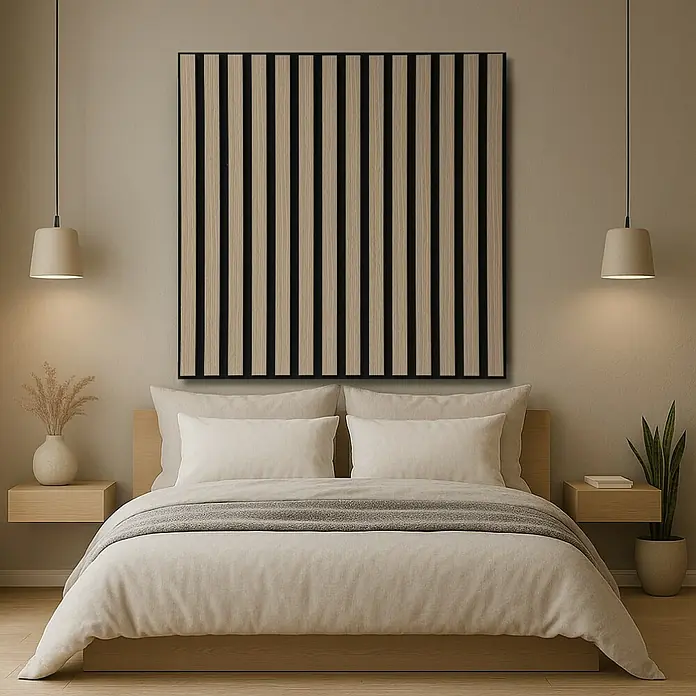 Panel acústico decorativo - 60 x 60 x 2,1 cm, Rústico - Interior de dormitorio con un elegante panel acústico con aspecto de madera sobre la cama, que añade calidez e insonorización a la habitación.