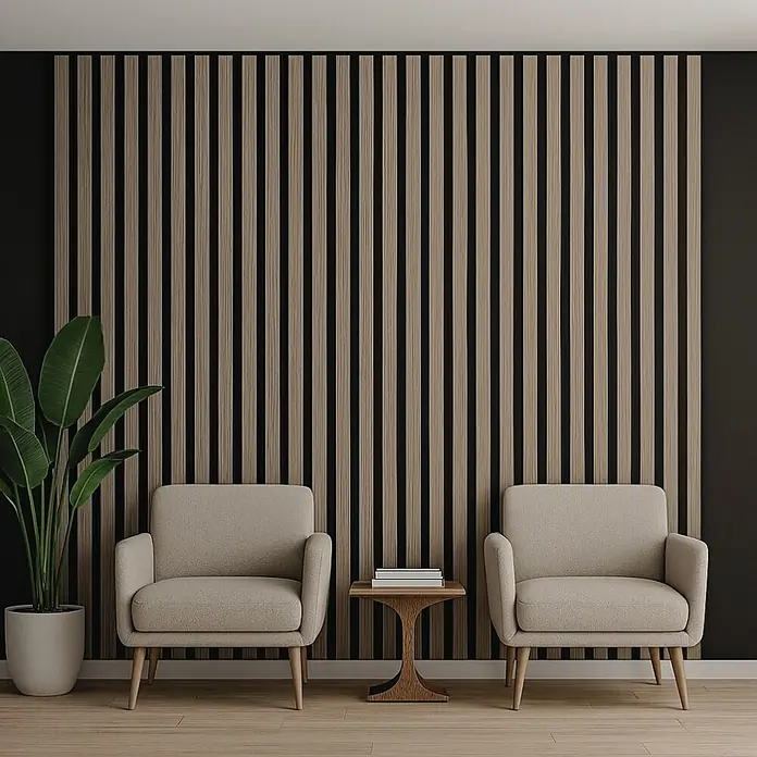 Panel acústico decorativo - 240 x 30 x 2,1 cm, Rústico - Dos sillones elegantes y una mesa auxiliar frente a una moderna pared de paneles de madera, complementada con una planta de interior.
