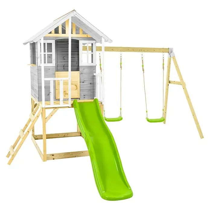 Zwerkules Spielhaus Valli - L x B x H: 352 x 370 x 277 cm, Holz, Natur/Grau, Mit Stelzen, Rutsche & Doppelschaukel - Holzspielhaus mit Rutsche, Schaukel und Klettergerüst. Perfekt für stundenlangen Spielspaß im Freien.