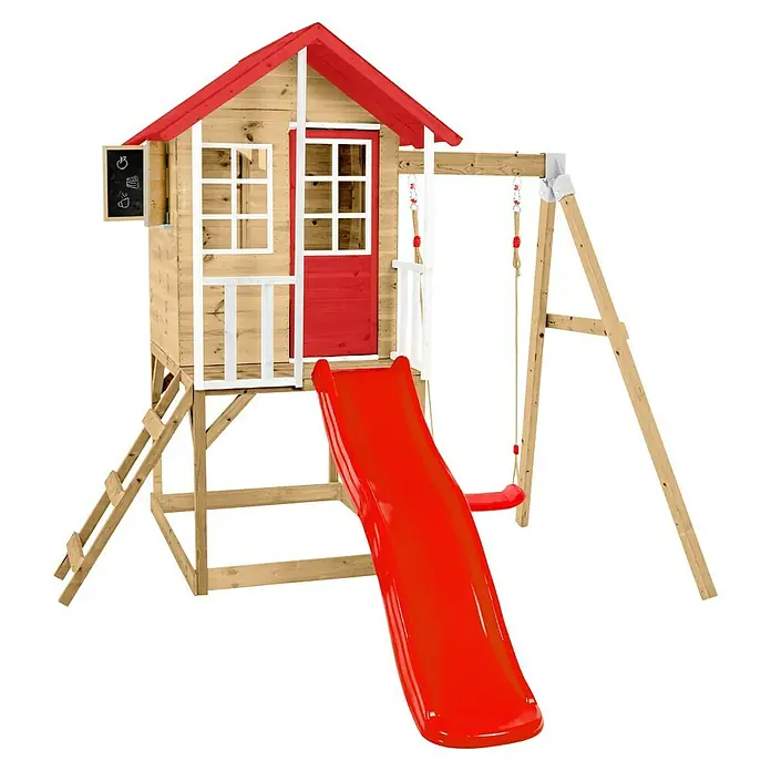 Zwerkules Spielhaus Lolla - L x B x H: 352 x 280 x 224 cm, Holz, Natur/Rot, Mit Stelzen, Rutsche & Schaukel - Hölzernes Spielhaus mit rotem Dach und Rutsche. Perfekt für stundenlangen Spaß im Garten.