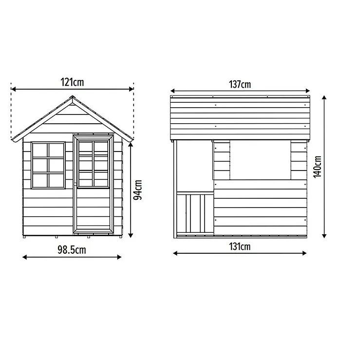 Zwerkules Spielhaus Holli - L x B x H: 137 x 121 x 140 cm, Holz, Natur/Anthrazit, Ohne Stelzen - Abbildung eines Spielhauses mit den Maßen 121 cm Breite, 94 cm Höhe, 98,5 cm Tiefe und Seitenansicht 137 cm Breite, 140 cm Höhe, 131 cm Tiefe.
