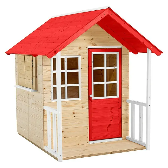Zwerkules Spielhaus Lolla - L x B x H: 139 x 120 x 139 cm, Holz, Natur/Rot, Ohne Stelzen - Ein charmantes Spielhaus aus Holz mit rotem Dach, ideal für fantasievolle Spiele im Garten.
