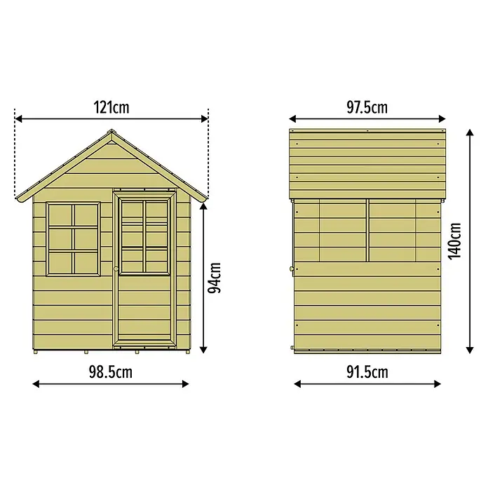 Zwerkules Spielhaus Holla - L x B x H: 97,5 x 121 x 140 cm, Holz, Natur - Abbildung eines Holzspielhauses mit den Maßen 121cm Breite, 94cm Höhe und 98.5cm Tiefe.