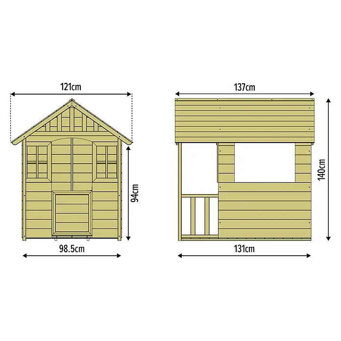 Zwerkules Spielhaus Villa - L x B x H: 137 x 121 x 140 cm, Holz, Natur - Abmessungen des Spielhauses: Ansicht von vorne (98,5 cm breit, 121 cm hoch) und seitlich (131 cm breit, 140 cm hoch).