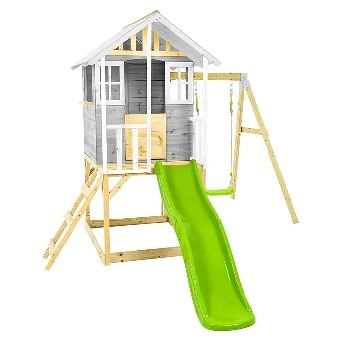 Zwerkules Spielhaus Valli - L x B x H: 352 x 280 x 244 cm, Holz, Natur/Grau, Mit Stelzen, Rutsche & Schaukel - Das Spielhaus mit Rutsche und Klettergerüst bietet viel Spaß im Garten. Es ist aus Holz gefertigt und bietet Kindern einen tollen Platz zum Spielen.