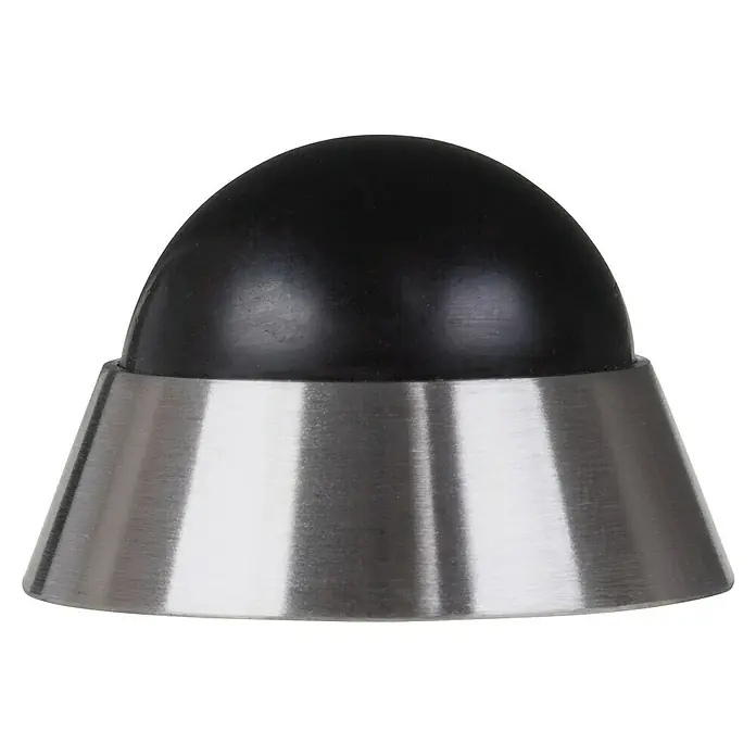 Wandtürstopper - Ø x H: 40 x 25 mm - Nahaufnahme eines eleganten Türstoppers mit schwarzem Gummikopf und konischer Basis aus gebürstetem Edelstahl. Ideal für moderne Wohnräume.