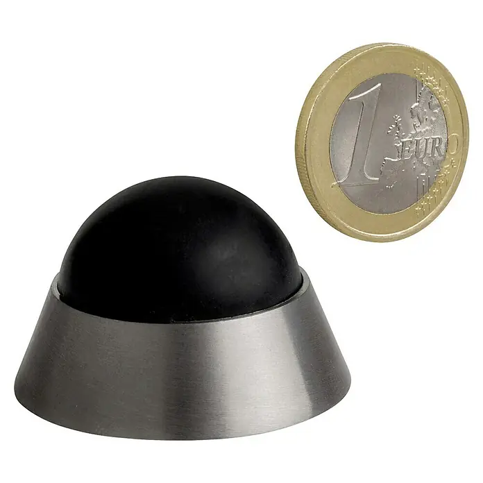 Wandtürstopper - Ø x H: 40 x 25 mm - Dieser Türstopper hat eine schwarze Gummi-Oberseite und einen silbernen Metallboden. Er wird mit einer 1-Euro-Münze verglichen.