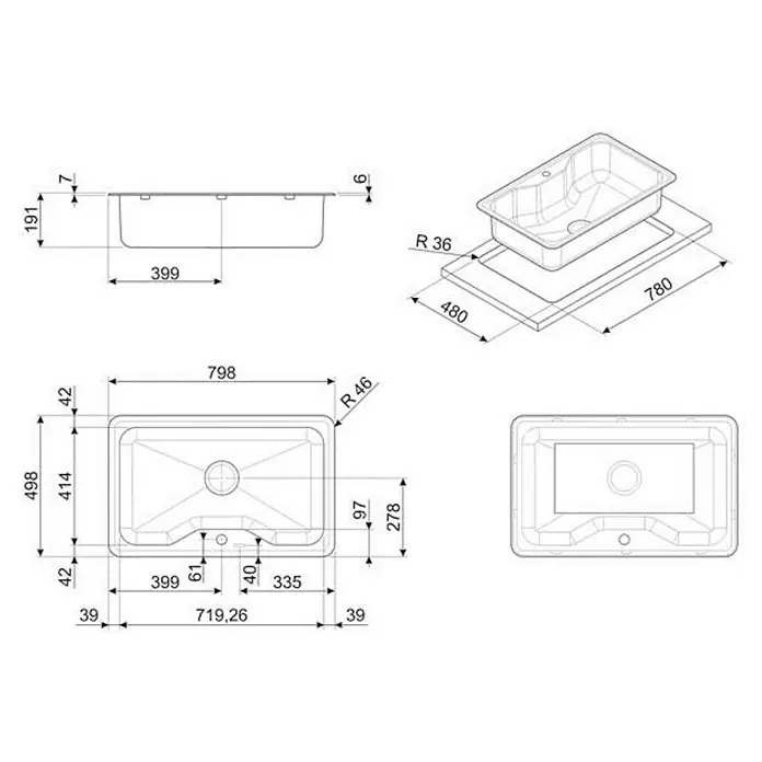 Smeg Fregadero encastrable LYG800 - 49,8 x 79,8 cm, Acero inoxidable - Dibujo técnico de un fregadero con dimensiones para la instalación y el diseño, incluyendo vistas y medidas.