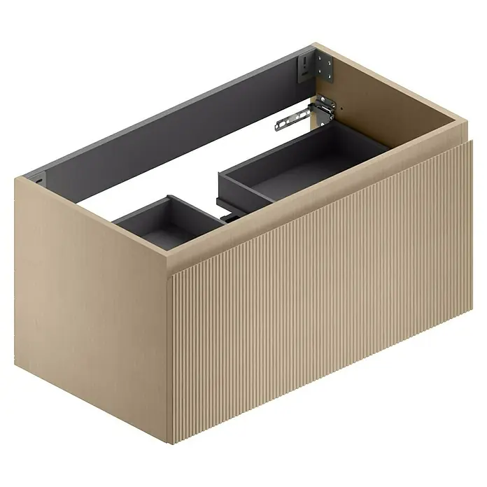 Camargue Pura Waschtischunterschrank - B x T x H: 89 x 50 x 46 cm, Rovere Cera - Ein detailliertes Bild eines modernen Waschtischunterschranks in Beige mit Schubladen und geriffelter Front.