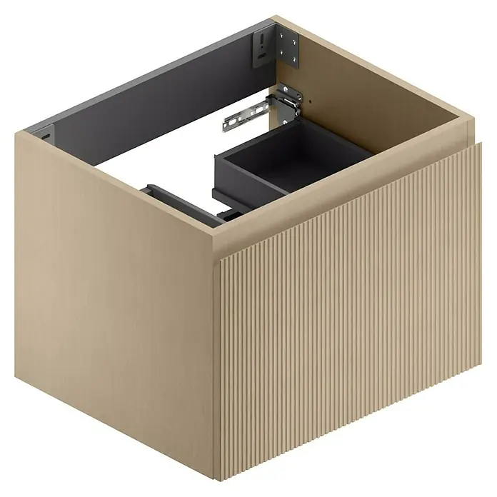 Camargue Pura Waschtischunterschrank - B x T x H: 59 x 50 x 46 cm, Rovere Cera - Ein moderner Badschrank mit Schublade in Beige, ideal für stilvolle Badezimmer. Die geriffelte Front verleiht dem Schrank eine elegante Note.