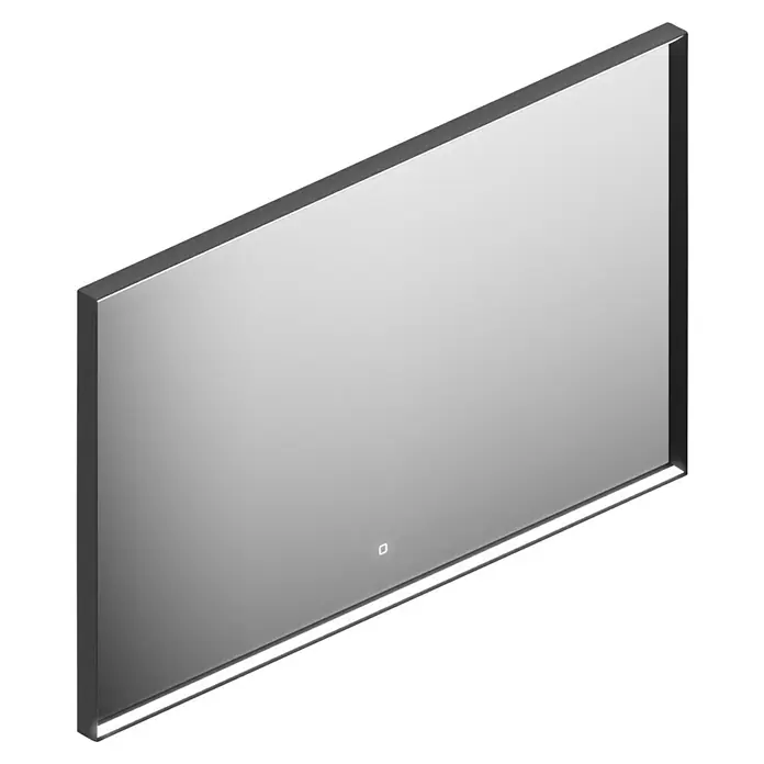 Camargue Pura LED-Lichtspiegel - 120 x 4,5 cm, Schwarz - Ein modernes, rechteckiges LED-beleuchtetes Badezimmerspiegel mit schlankem Rahmen und subtilem Touch-Schalter für stilvolle Eleganz.