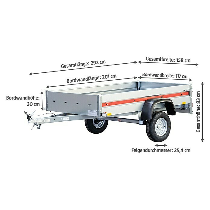 Stema Anhänger BH 7.5-20-12.1Nutzlast: 627 kg, Einachser, Kasteninnenmaß: 201 x 117 x 30 cm, Ungebremst Diagonal View