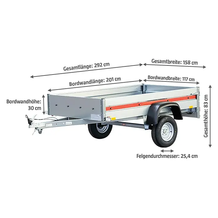 Stema Anhänger BH 7.5-20-12.1 - Nutzlast: 627 kg, Einachser, Kasteninnenmaß: 201 x 117 x 30 cm, Ungebremst - Anhängeransicht mit Maßangaben, die die Abmessungen veranschaulichen. Robustes Design für vielfältige Transportaufgaben.