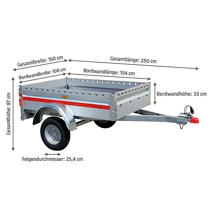 Stema Anhänger BH-R 550 - Nutzlast: 455 kg, Einachser, Kasteninnenmaß: 154 x 108 x 33 cm, Ungebremst - Abmessungen eines PKW-Anhängers mit Angaben zu Gesamtlänge, -breite und -höhe sowie Bordwand- und Felgendurchmesser.