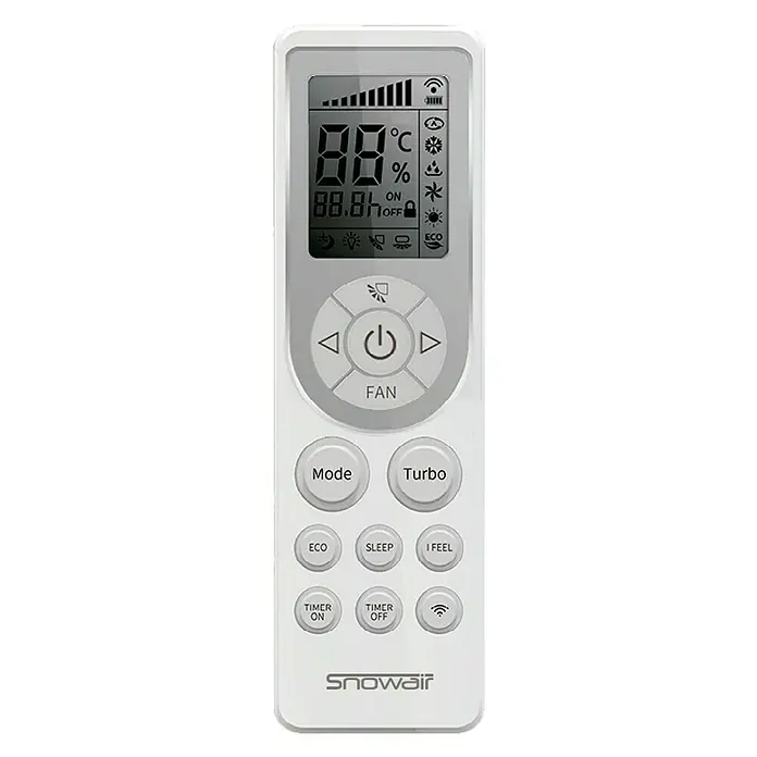 Snowair Aire acondicionado Inverter Vela 2x1 - 2.600 W, 2.800 W, 18 m² - 23 m², Blanco - Primer plano de un mando a distancia blanco de aire acondicionado Snowair con varios botones de función y una pantalla digital.