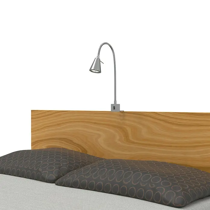 Briloner LED-Wandstrahler Tuso - 4 W, L x B x H: 5,8 x 21,7 x 40,3 cm, Warmweiß - Bettkopfteil aus Holz mit integrierter Lampe und zwei Kissen mit geometrischem Muster auf einem hellen Bettbezug. Elegantes Schlafzimmerdesign.